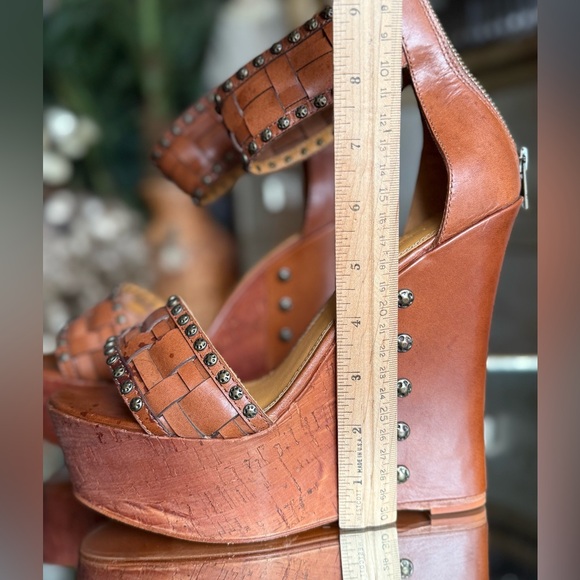 Cognac leather Studded Tan Wedge Sandals ankle strap boho western woven wedges - Picture 8 of 14